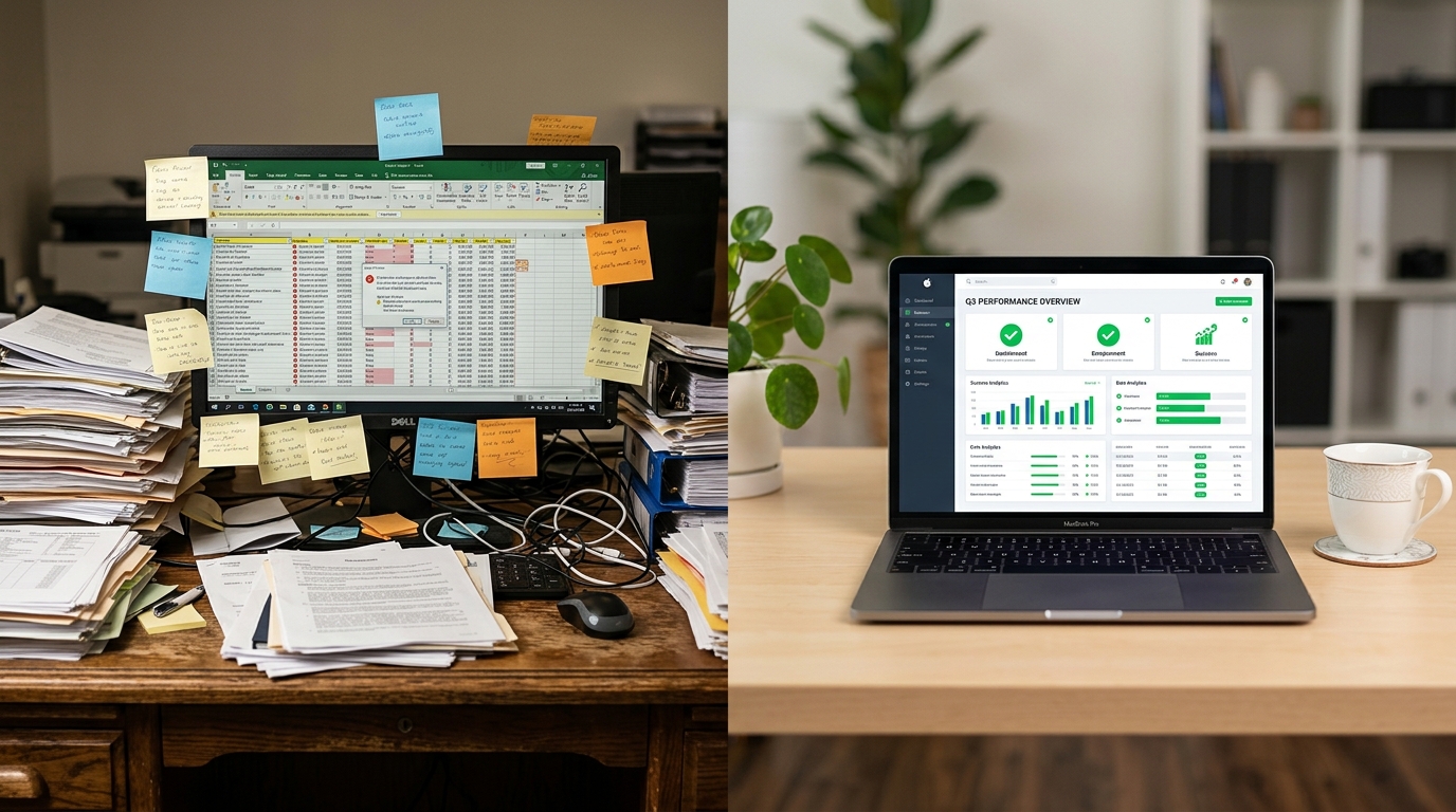 Vorher-Nachher Vergleich: Unordentlicher Schreibtisch mit Papierstapeln wird zum aufgeräumten digitalen Arbeitsplatz durch automatisierte Workflows
